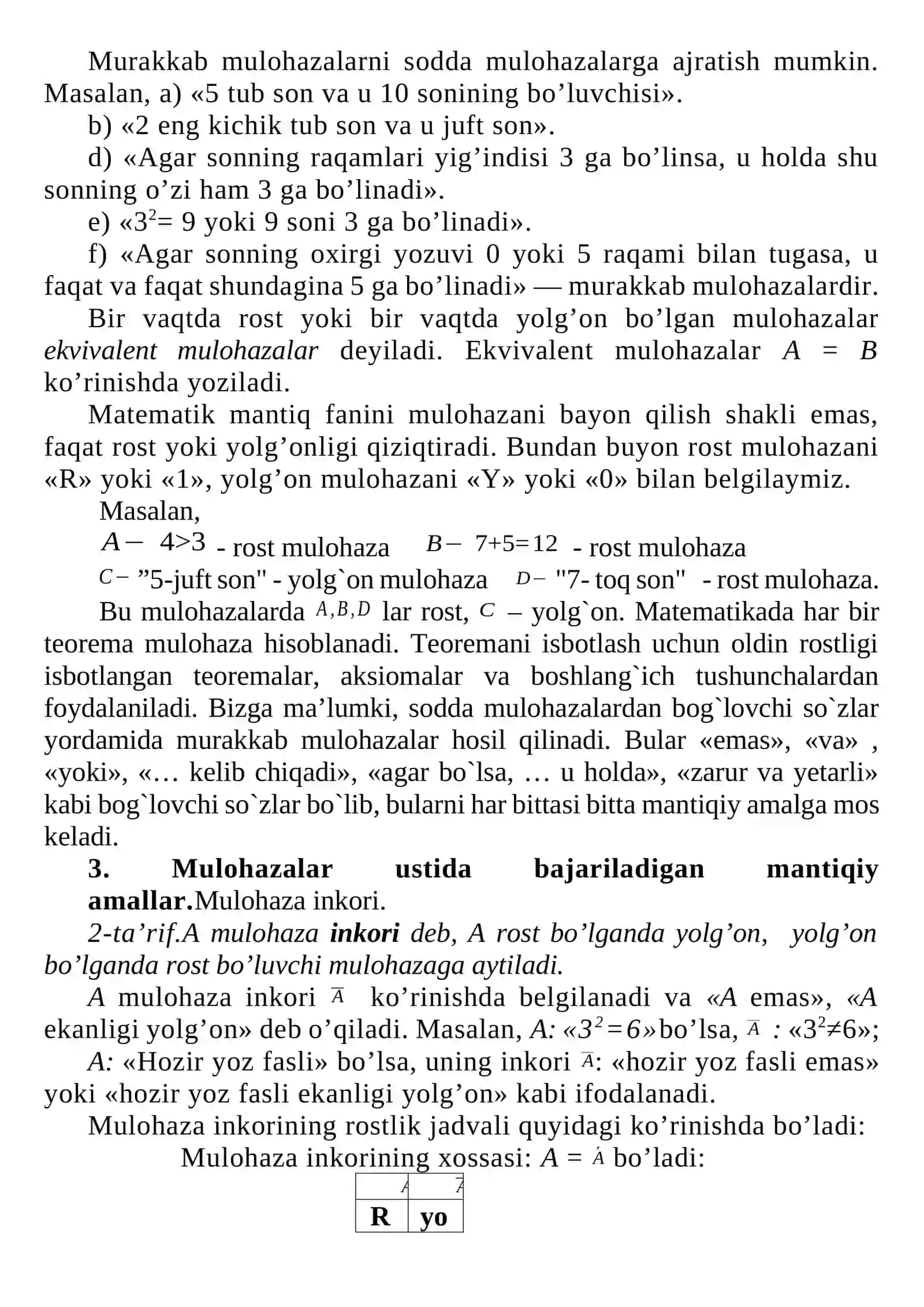 Mulohazalar va ularning berilish usullari. Mantiq elementlari 2