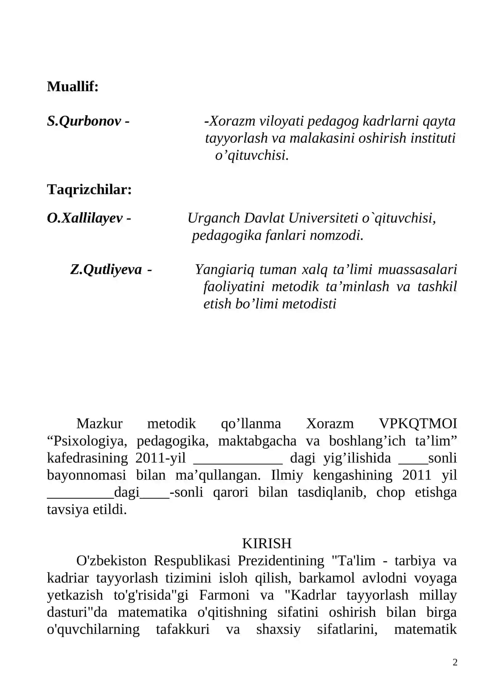 Metodik qo'llanma matematika darslarida 2