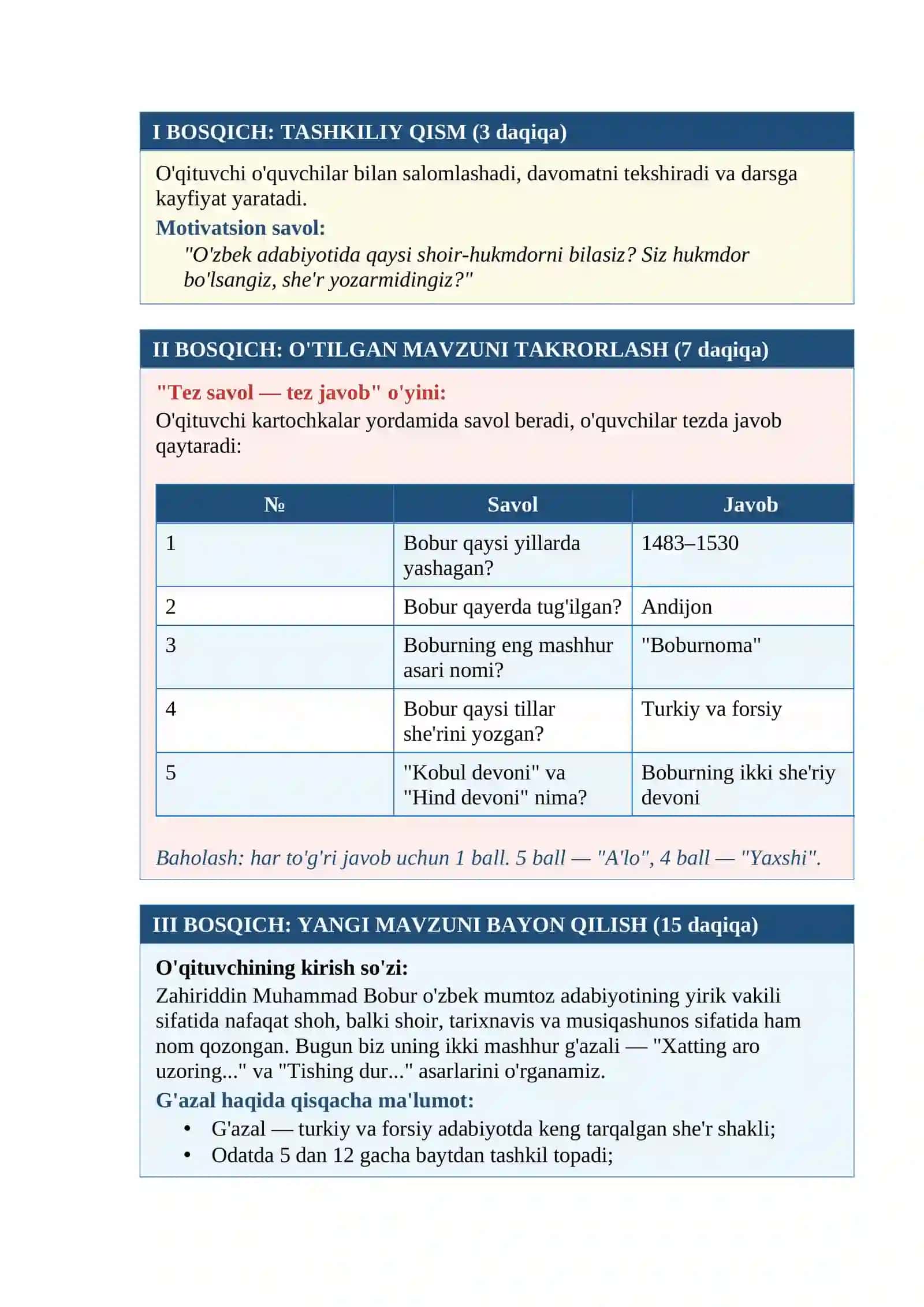 DARS ISHLANMA Zahiriddin Muhammad Bobur g'azallarini o'rganish  DARS ISHLANMA 2