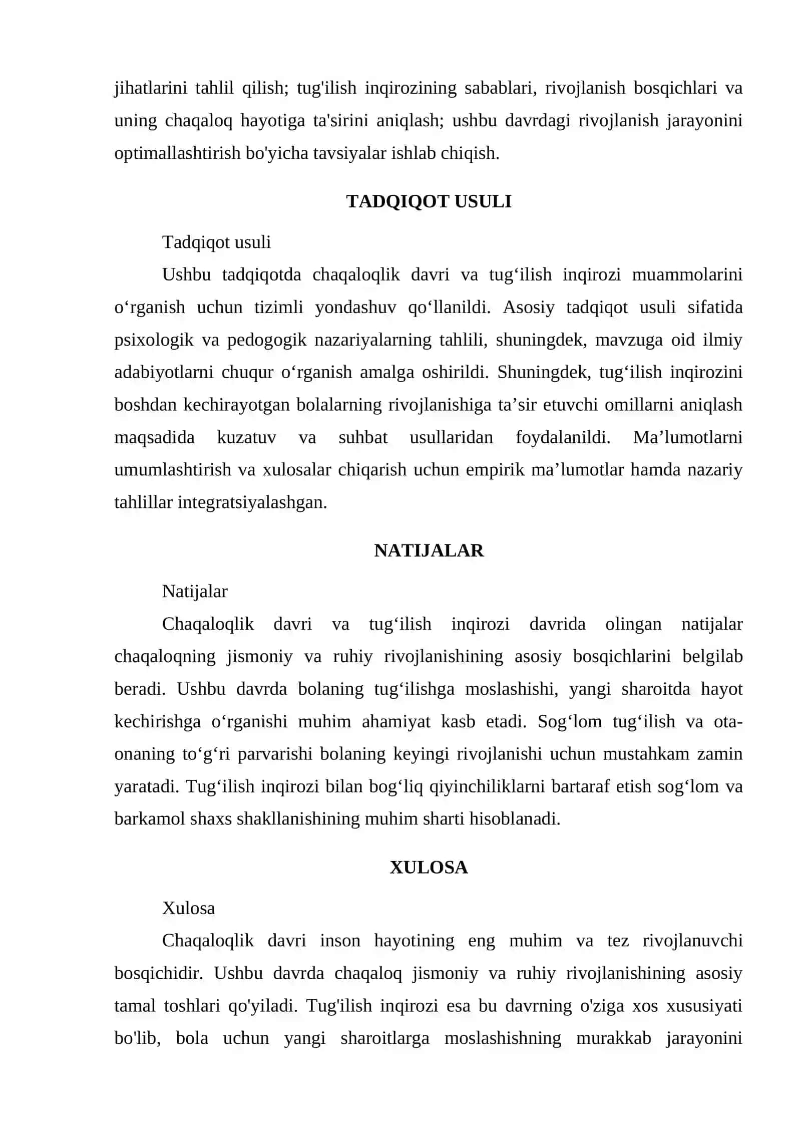 CHAQALOQLIK DAVRI VA TUG‘ILISH INQIROZI 2