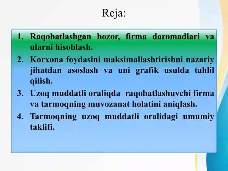 Raqobatlashgan bozorlardagi firmalar faoliyati 2