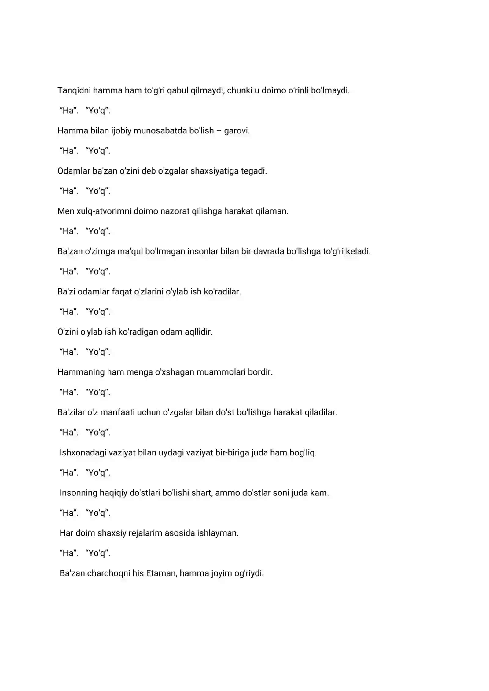 ISHKI ISHLARGA KIRUVCHILAR USHUN TESTLAR TOPLAMI 2