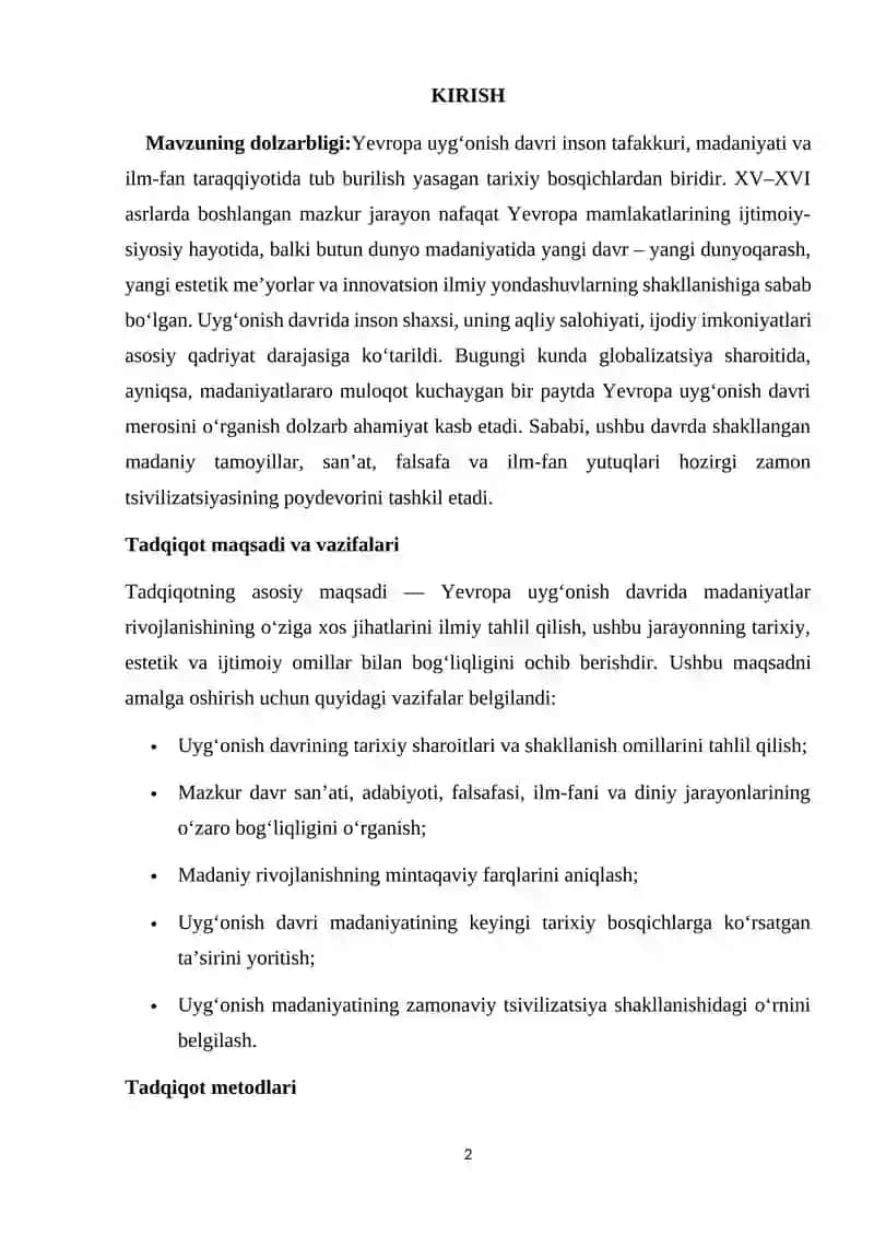 Yevropa uyg‘onish davrida madaniyatlar rivojlanishining o‘ziga xosligi 2