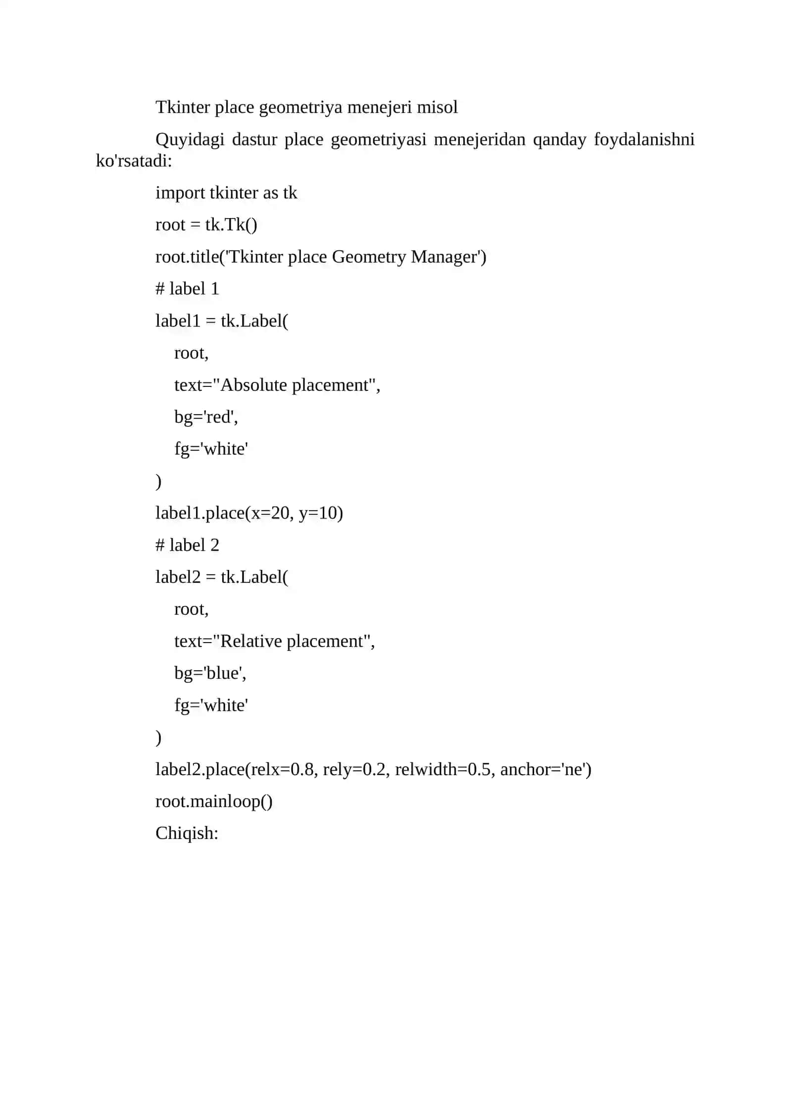 Tkinter place geometriya menejeriga kirish 2