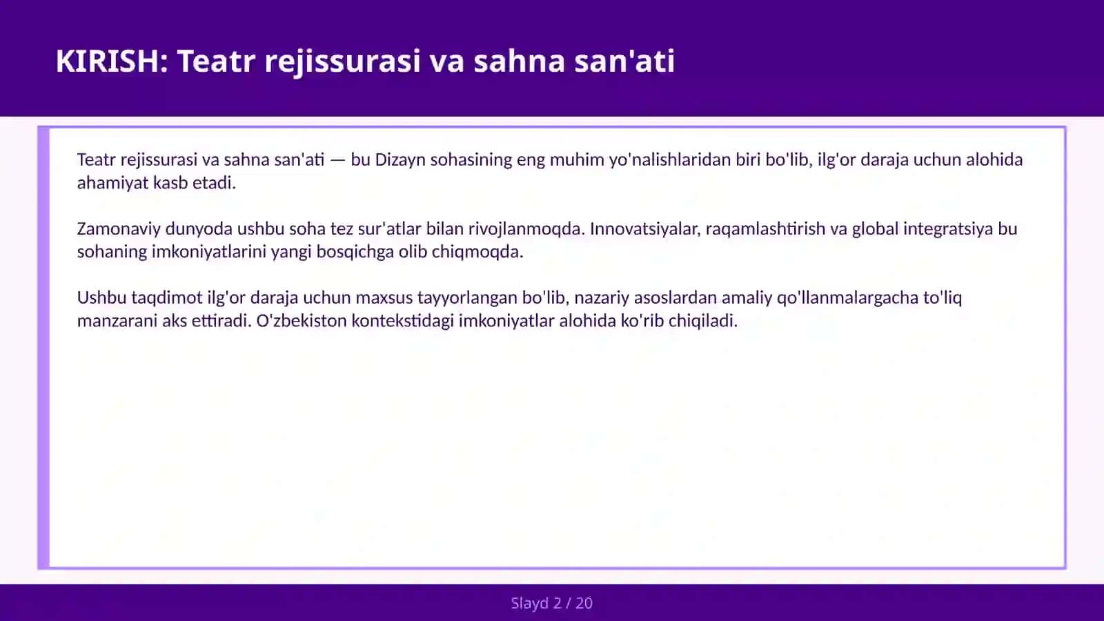 Teatr Rejissurasi va Sahna San'ati 2