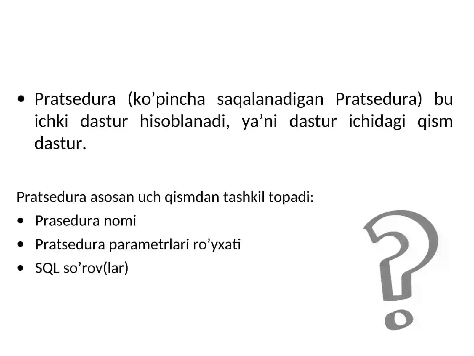 SQLda prosedura va  standart funksiyalar. SQLda triggerlardan foydalanish. 2
