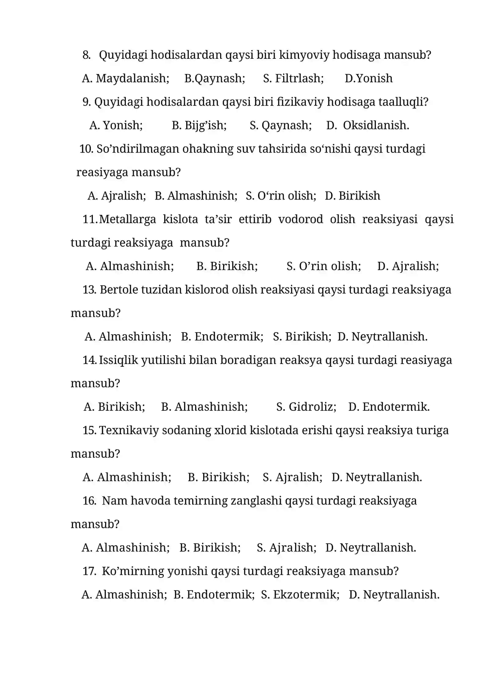 Kimyodan test savollari 2