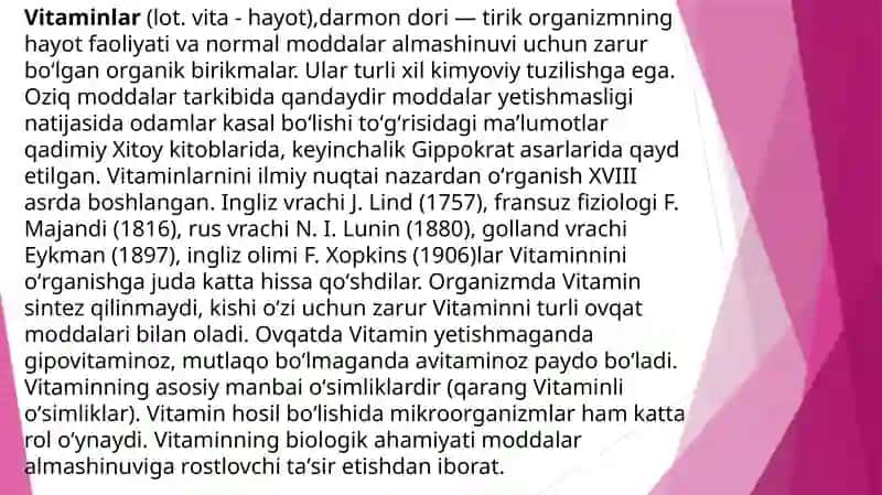 Vitaminlar haqida umumiy ma'lumot, biokimyo 2