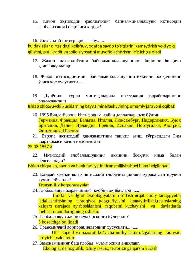 ЖАҲОН ИҚТИСОДИЁТИ ФАНИДАН САВОЛЛАР ТЎПЛАМИ 2