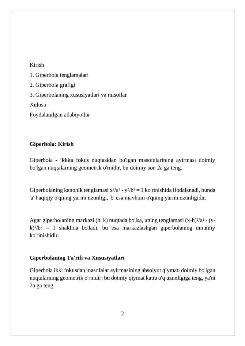 Giperbola tenglamalari grafiklari 2