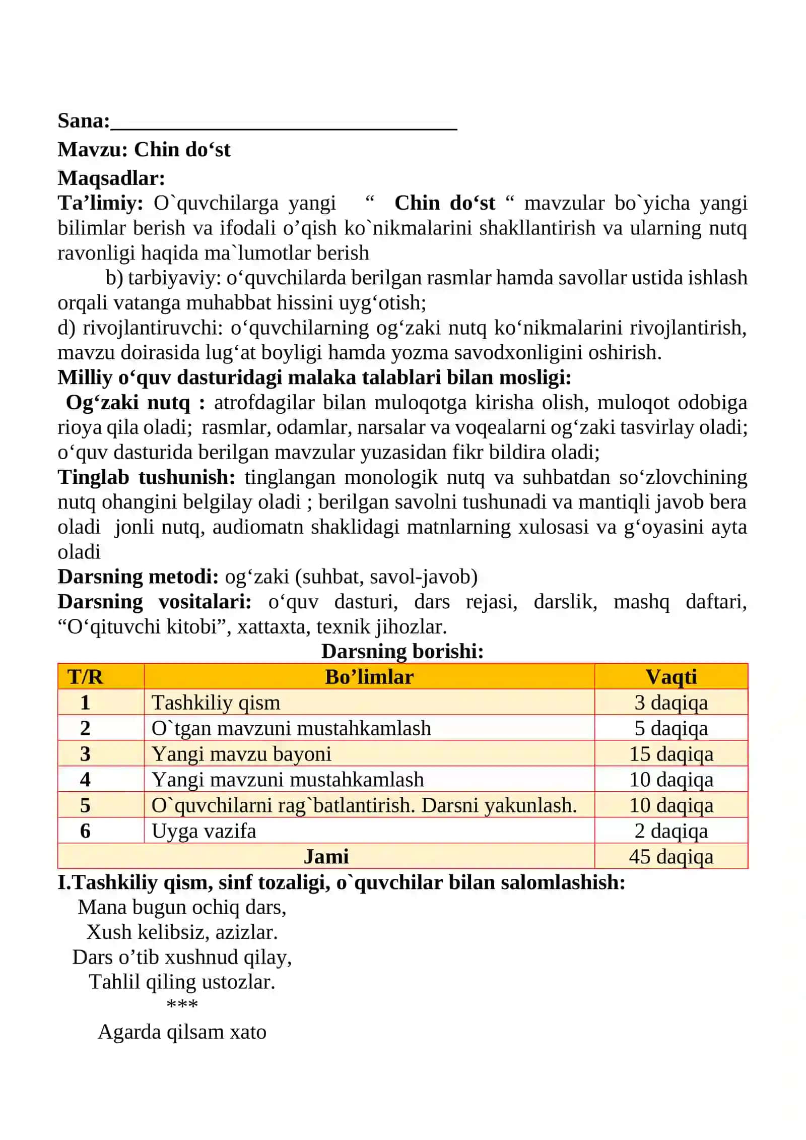 Chin do‘st mavzusida 3-sinf O'qish fanidan dars ishlanmasi 2