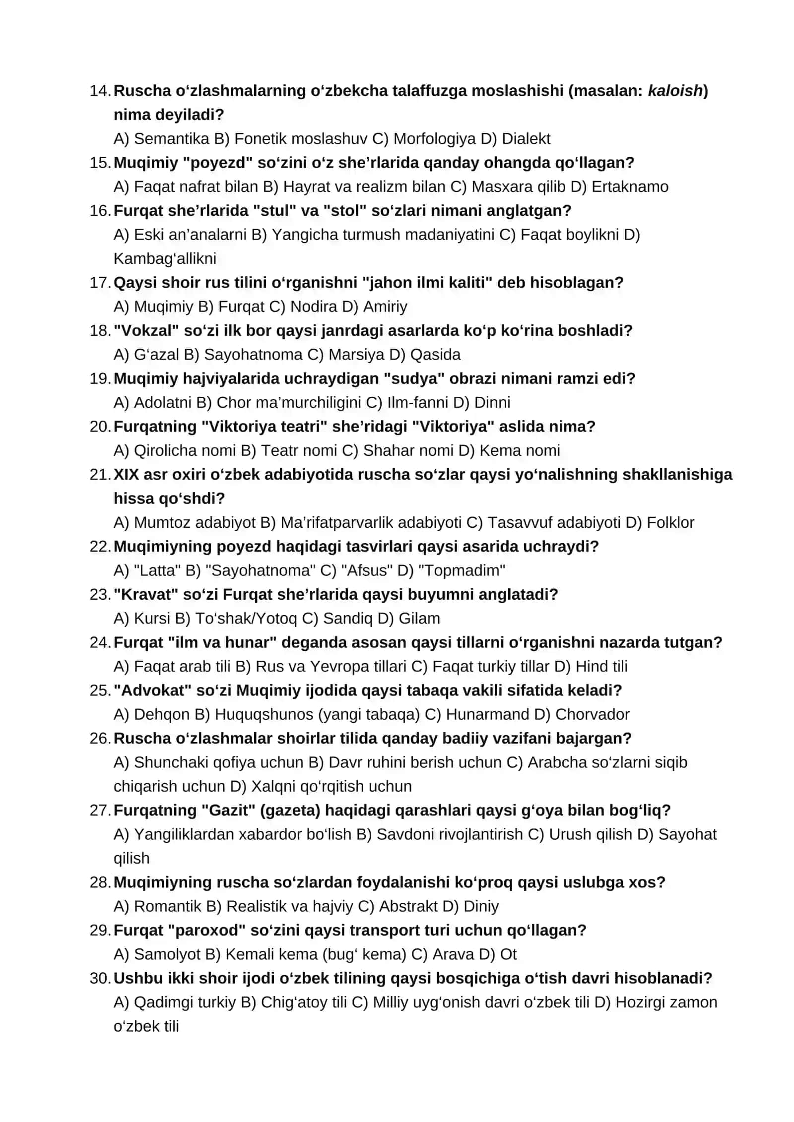 Furqat va Muqimiy ijodida ruscha o‘zlashmalar: Test 2