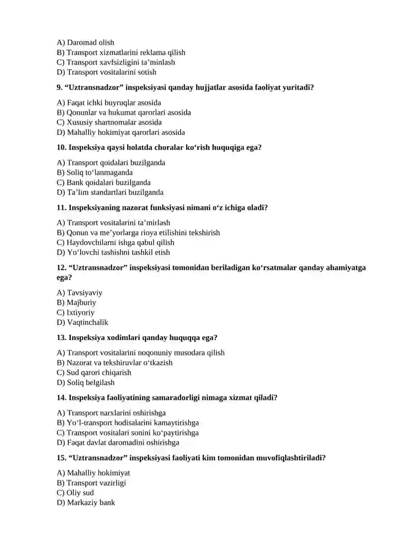 “Uztransnadzor” inspeksiyasining tuzilmasi va vazifasi 2