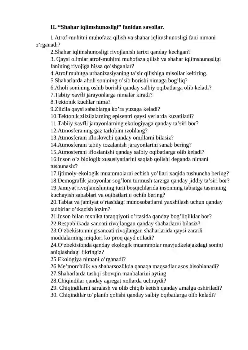 Shaharsozlik va transport asoslari fanidan savollar 2