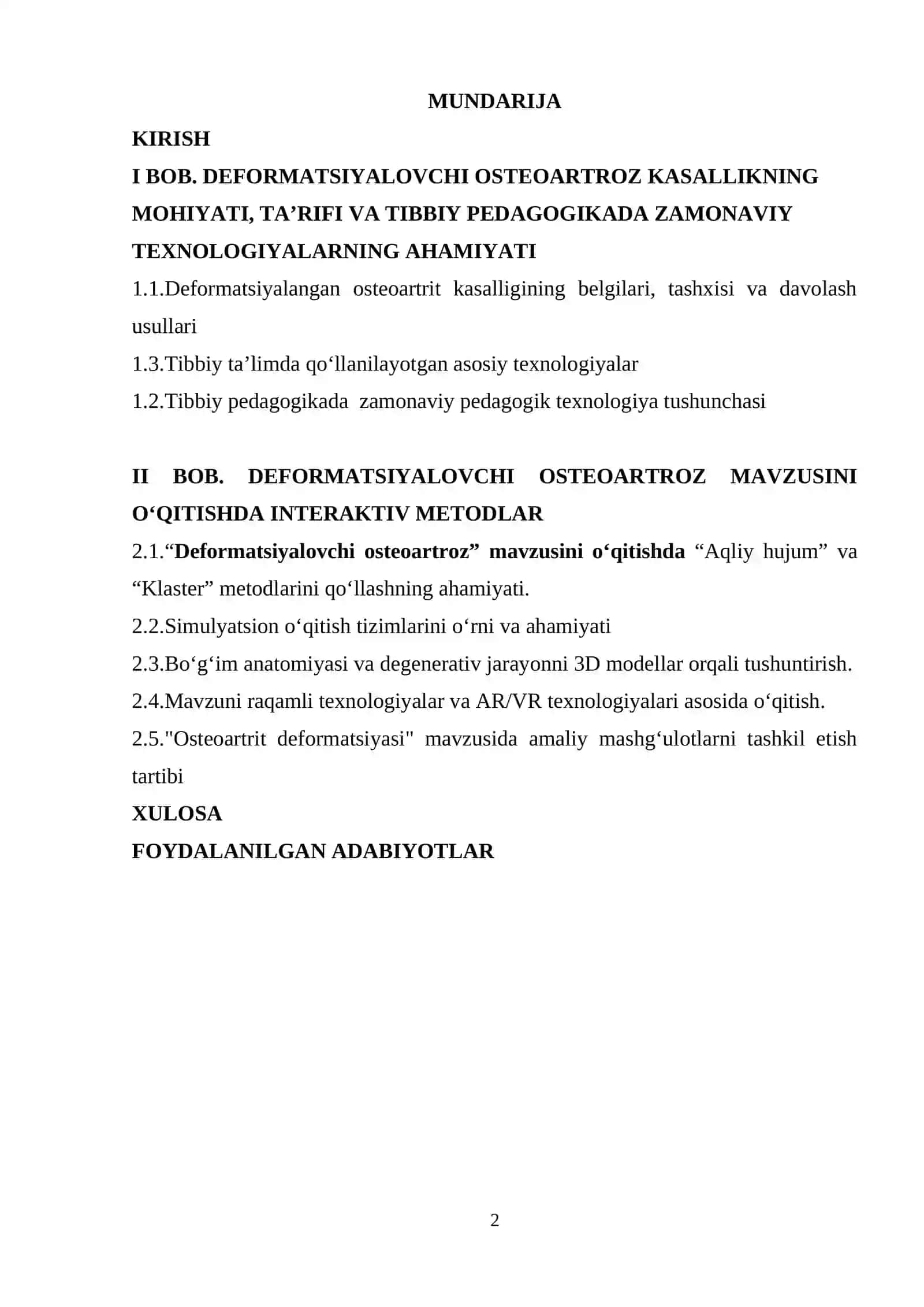 “Deformatsiyalovchi osteoartroz”  mavzusini o‘qitishda yangi pedagogik texnologiyalardan foydalanish 2