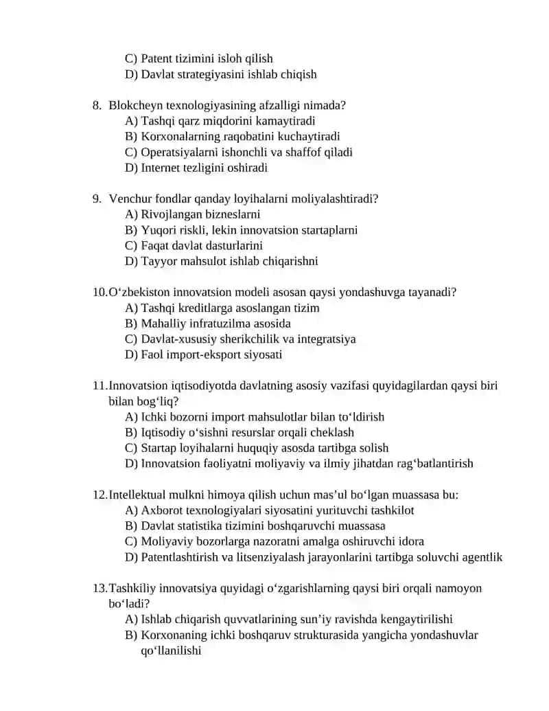 Innovatsion iqtisod yakuniy test savollari 2