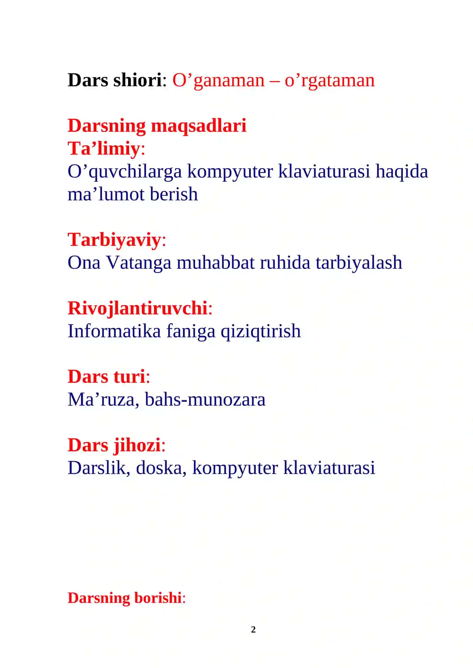 Informatika fanidan 1-soatlik DARS ISHLANMASI 2