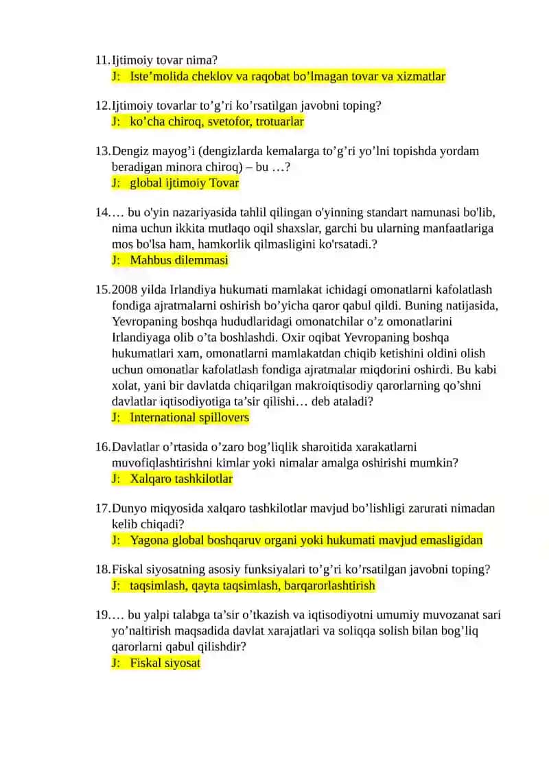 Iqtisodiy siyosat fanidan testlar 2