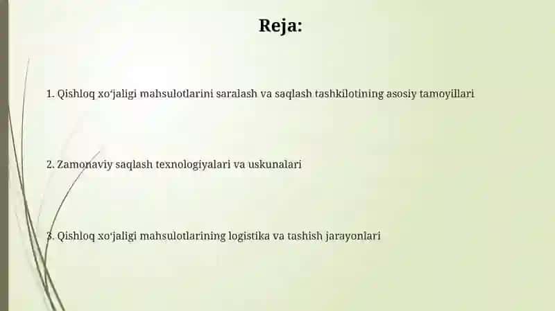 Qishloq xo'jaligi mahsulotlarini saralash va saqlash 2