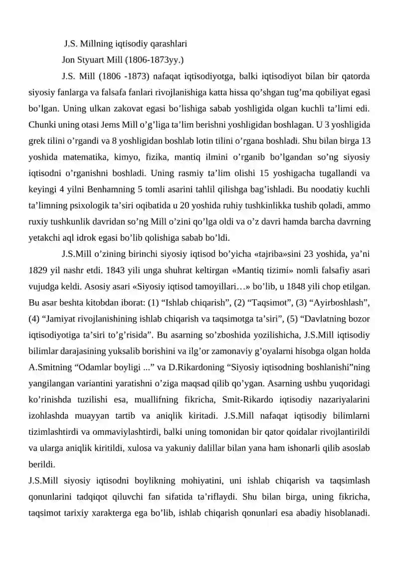 J. S. Millning iqtisodiy qarashlari 2