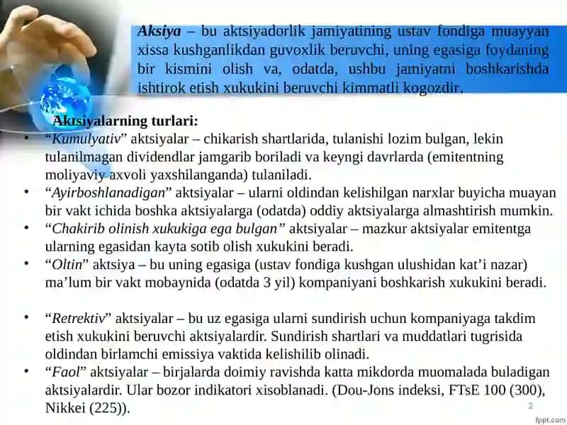 Aksiyalarning baholanishiva xususiyatlari 2