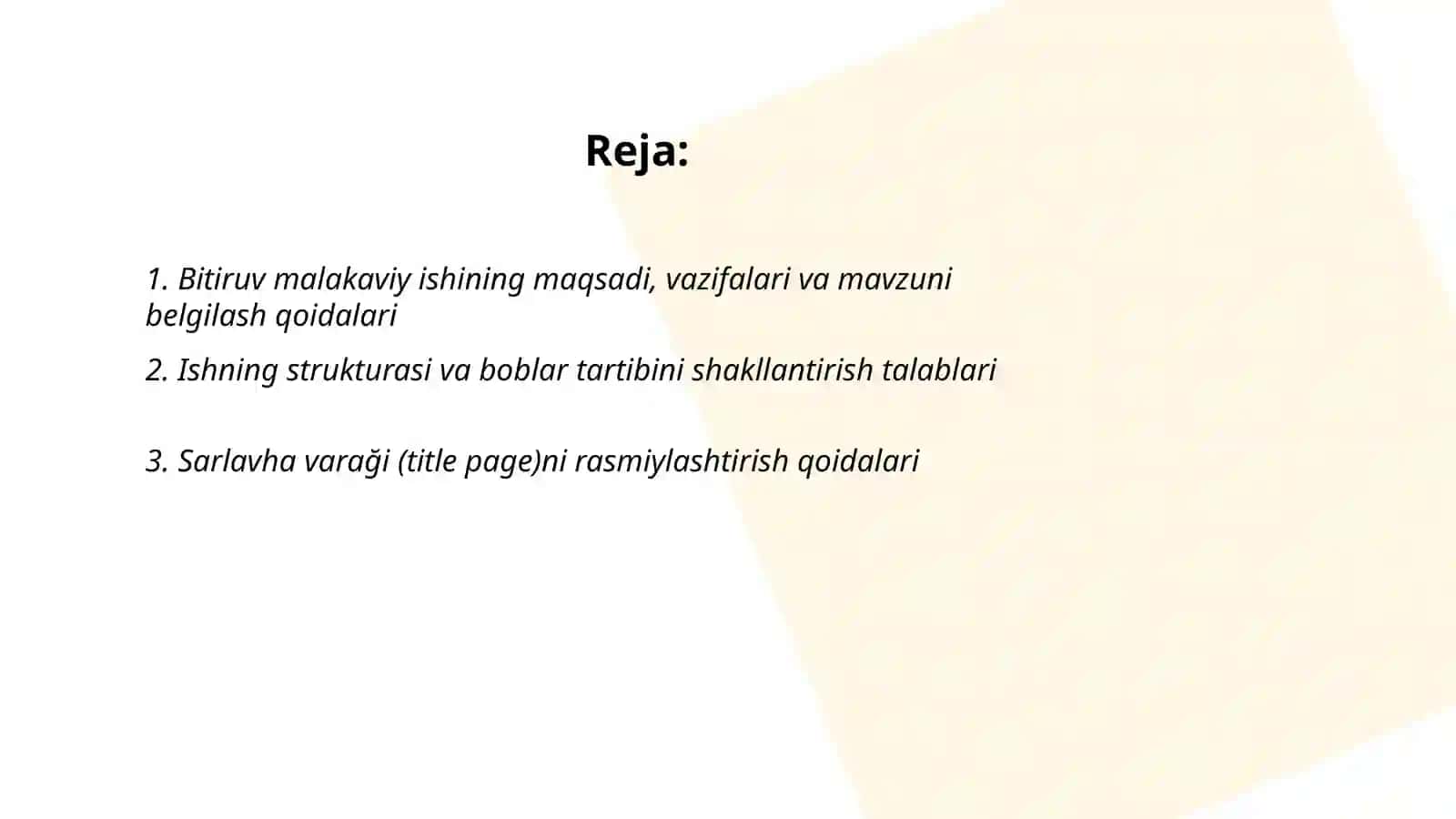 Bitiruv malakaviy ishini yozish va rasmiylashtirish qoidalari bilan tanishish 2