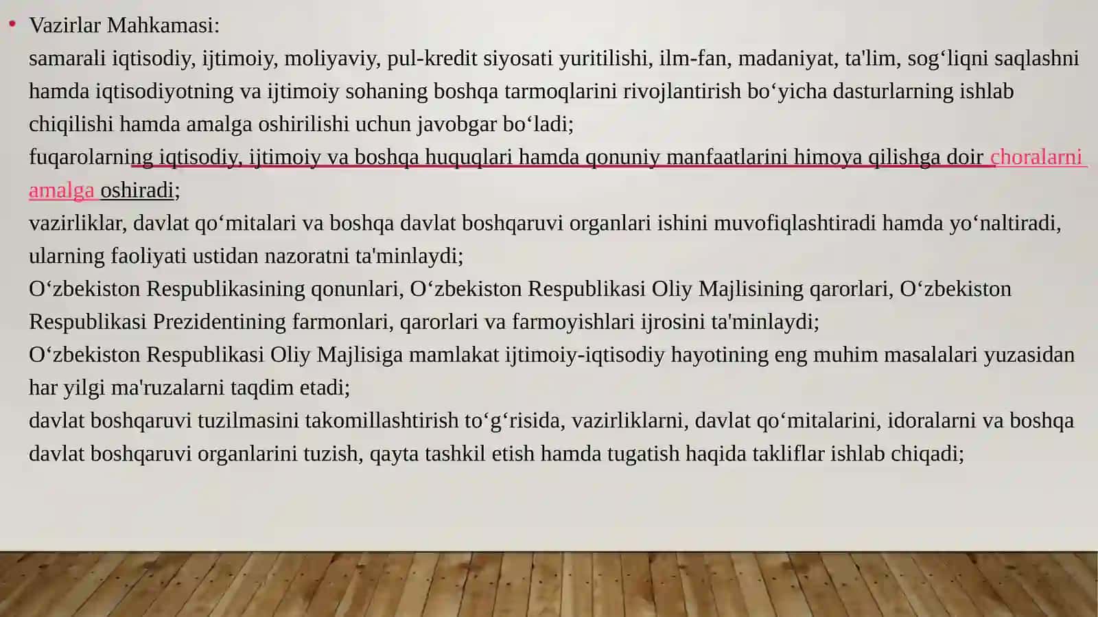 Vazirlar mahkamasi faoliyati to'g'risida 2