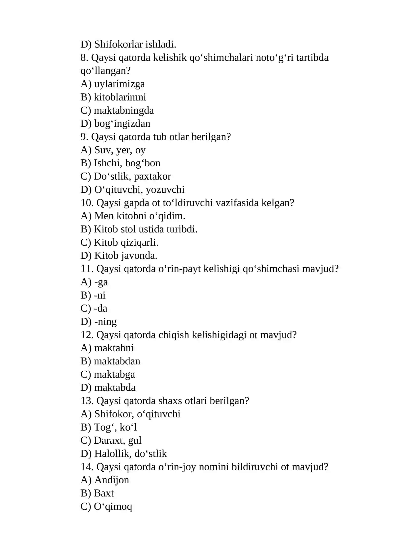 OT so‘z turkumiga oid testlar 2