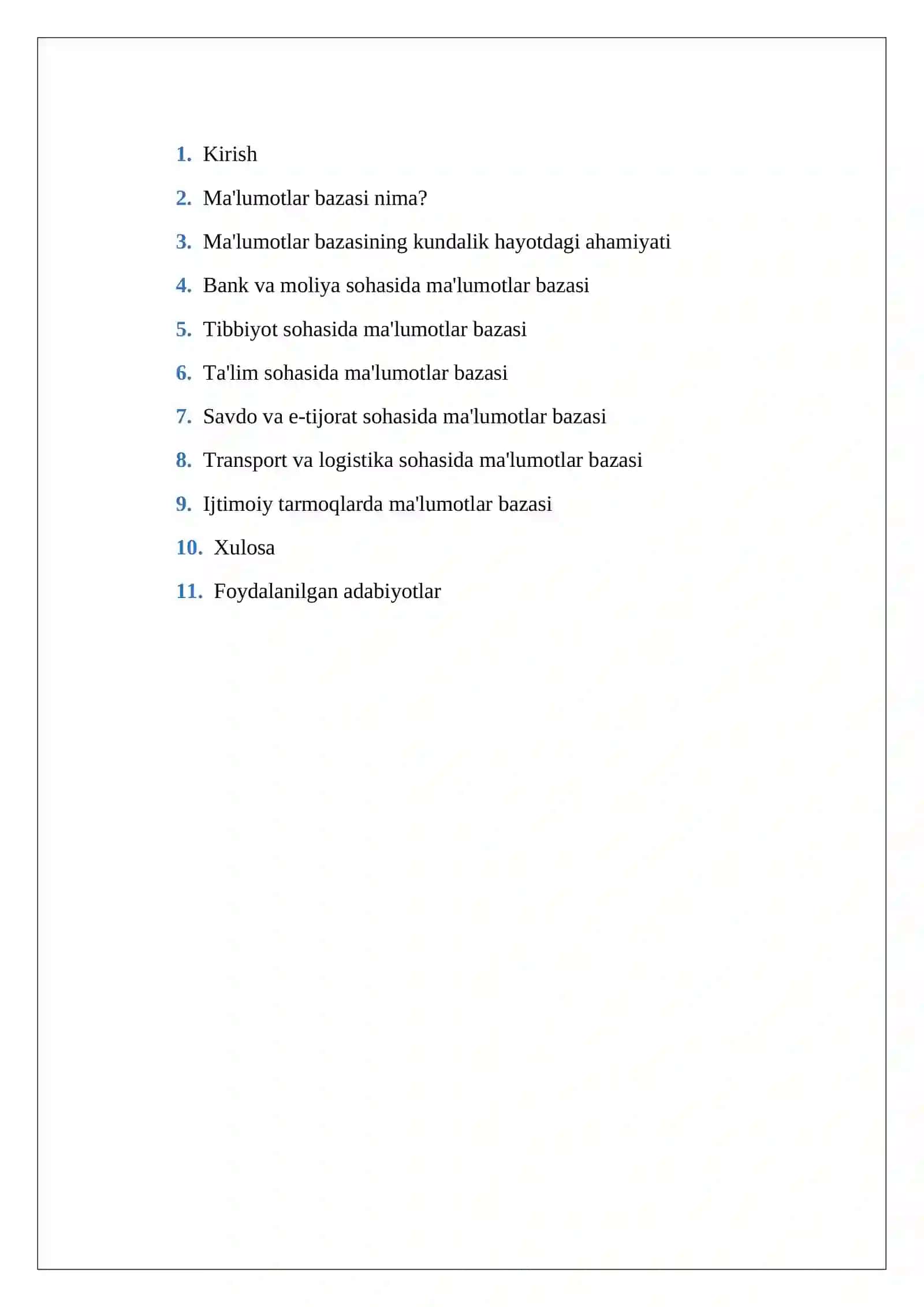 MA'LUMOTLAR BAZASINING KUNDALIK HAYOTDA QO'LLANILADIGAN MISOLLAR 2