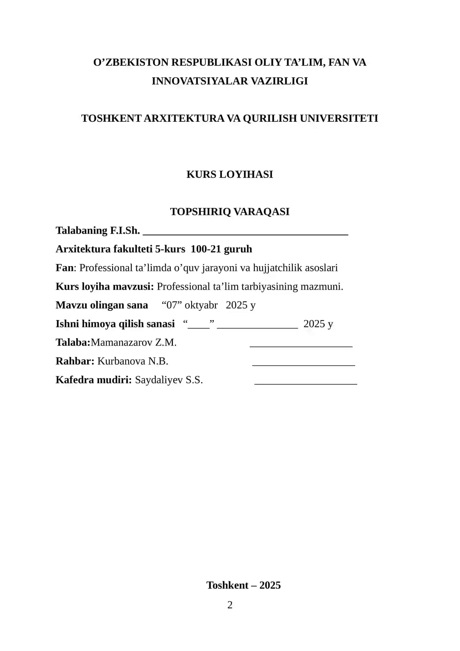 Professional ta’lim tarbiyasining mazmuni 2