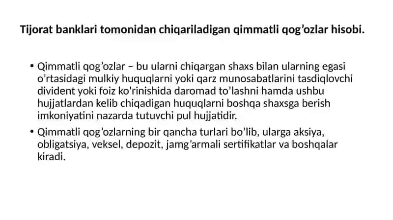 Qimmatliqog’ozlar Bo’yicha Operatsiyalar Hisobi 2