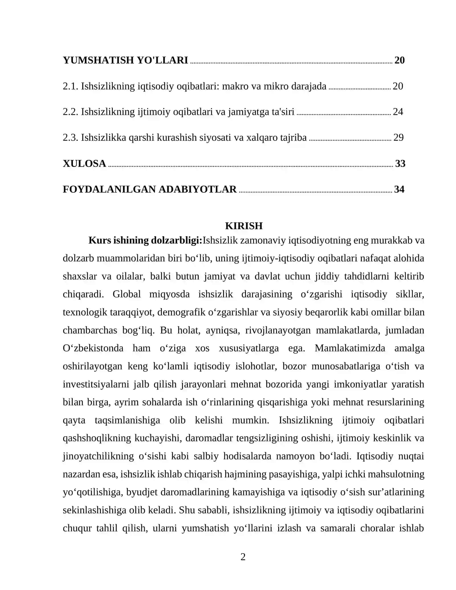 "ISHSIZLIKNING IJTIMOIY VA IQTISODIY OQIBATLARI" 2