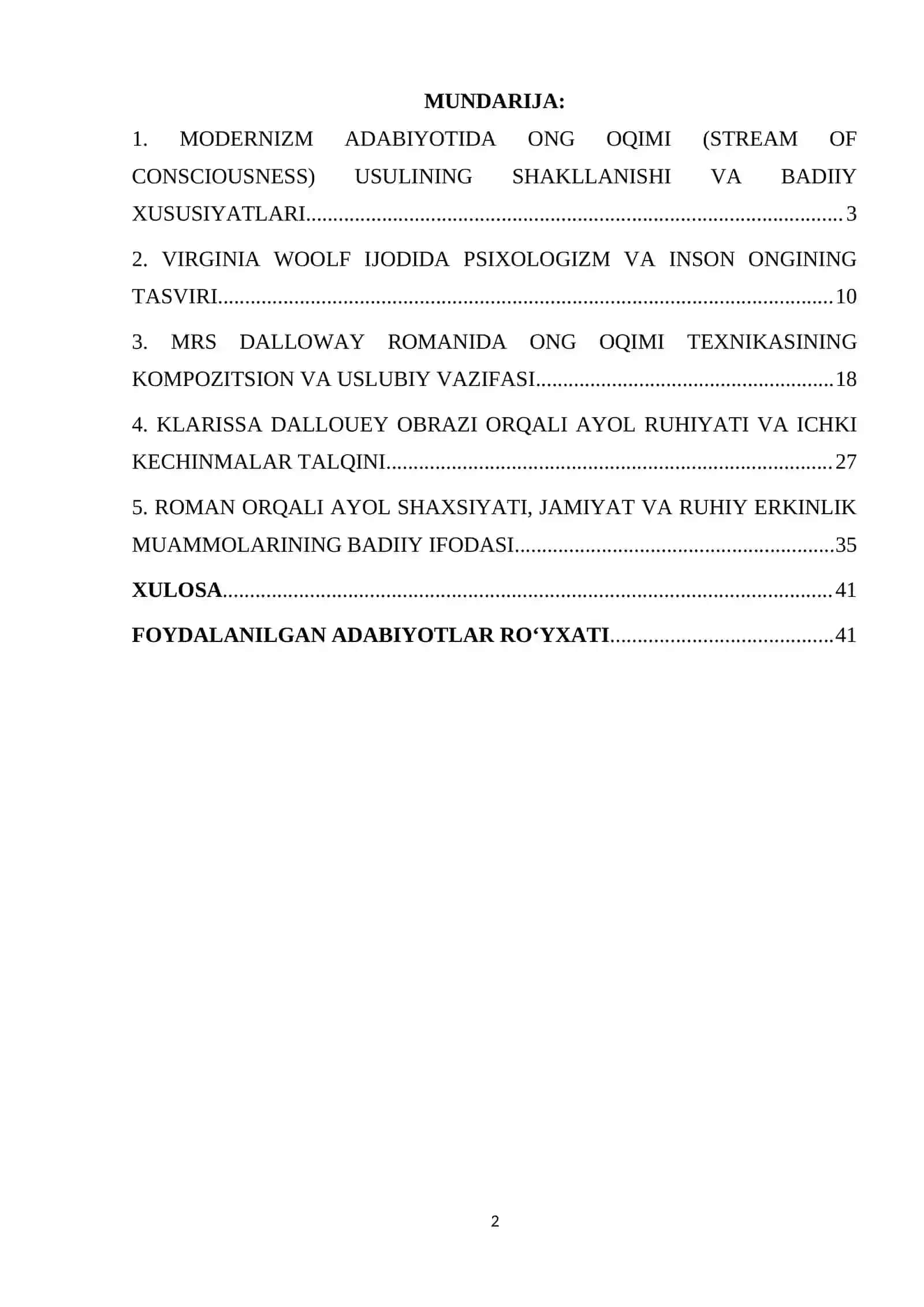 Virjiniya Vulfning "Mrs Dalloway" romanida ong oqimi va ayol ruhiyati tasviri KURS ISHI 2