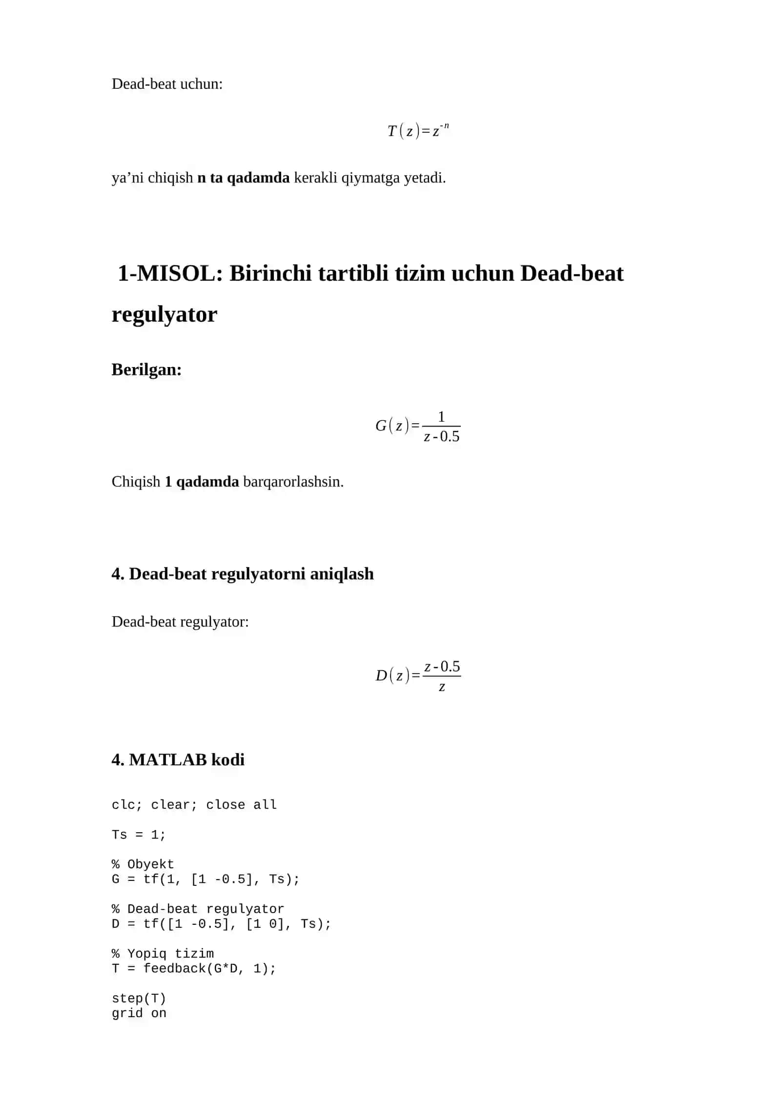 DEAD-BEAT BOSHQARUVNI MODELLASHTIRISH (Amaliy darslik, MATLABda) 2