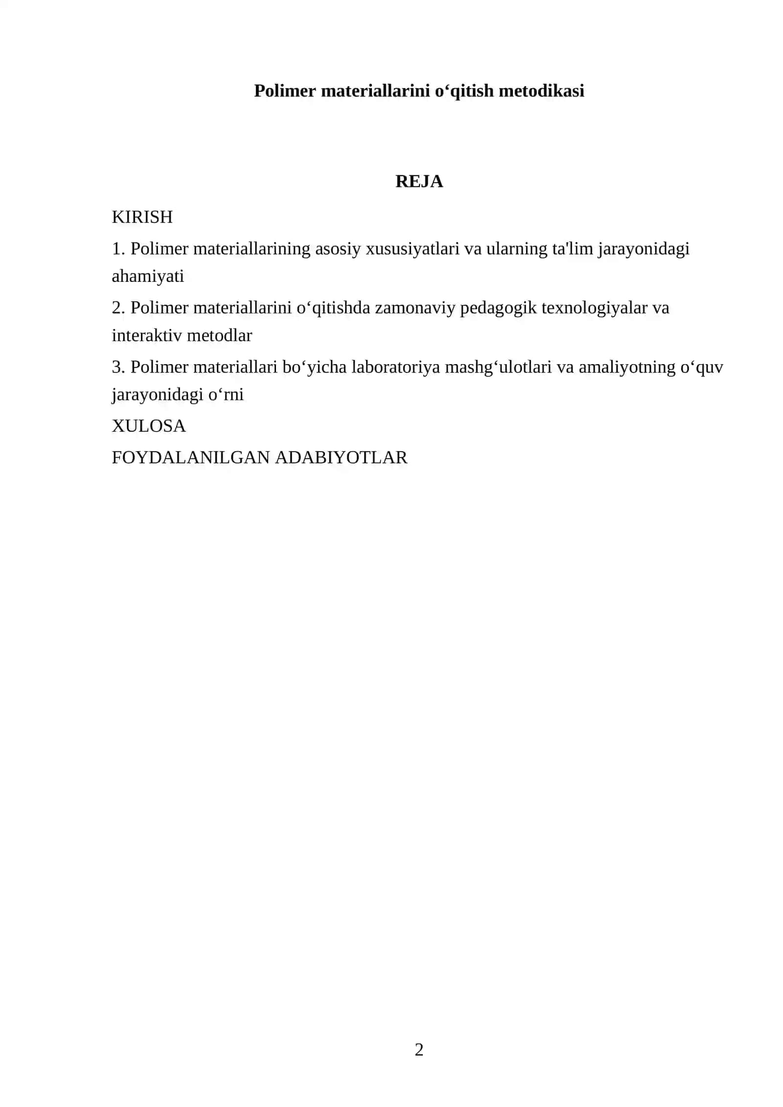 Polimer materiallarini oʻqitish metodikasi 2