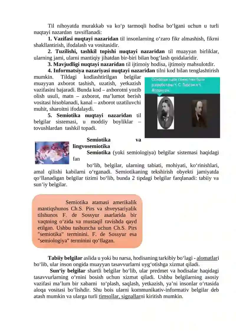TIL BELGILAR SISTEMA SIFATIDA. SEMIOTIKA VA LINGVOSEMIOTIKA. TIL SATHLARI BIRLIKLARI 2