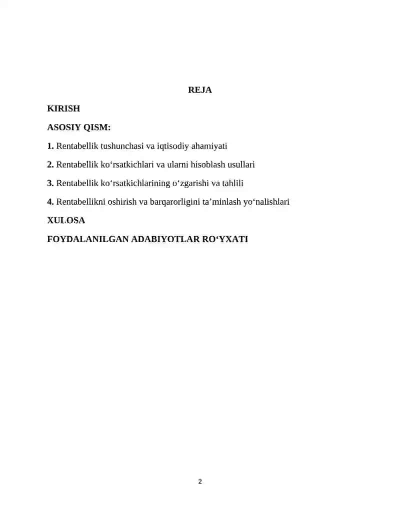 Rentabellik ko‘rsatkichlari va ularning o‘zgarishiga 2