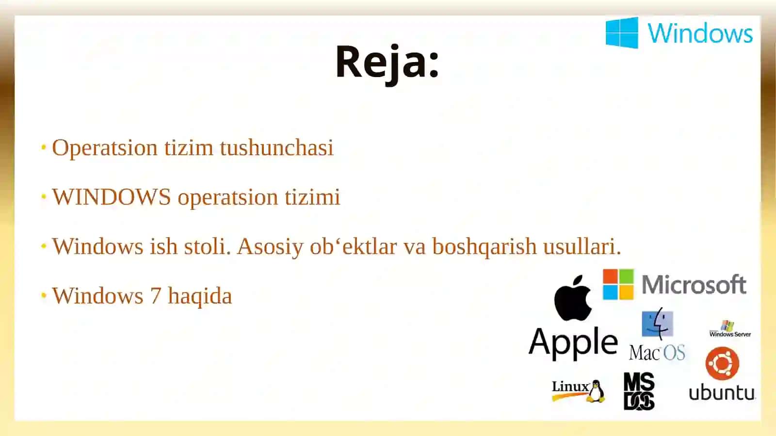 Kompyuterlarning operatsion tizimlari. Windows OT 2