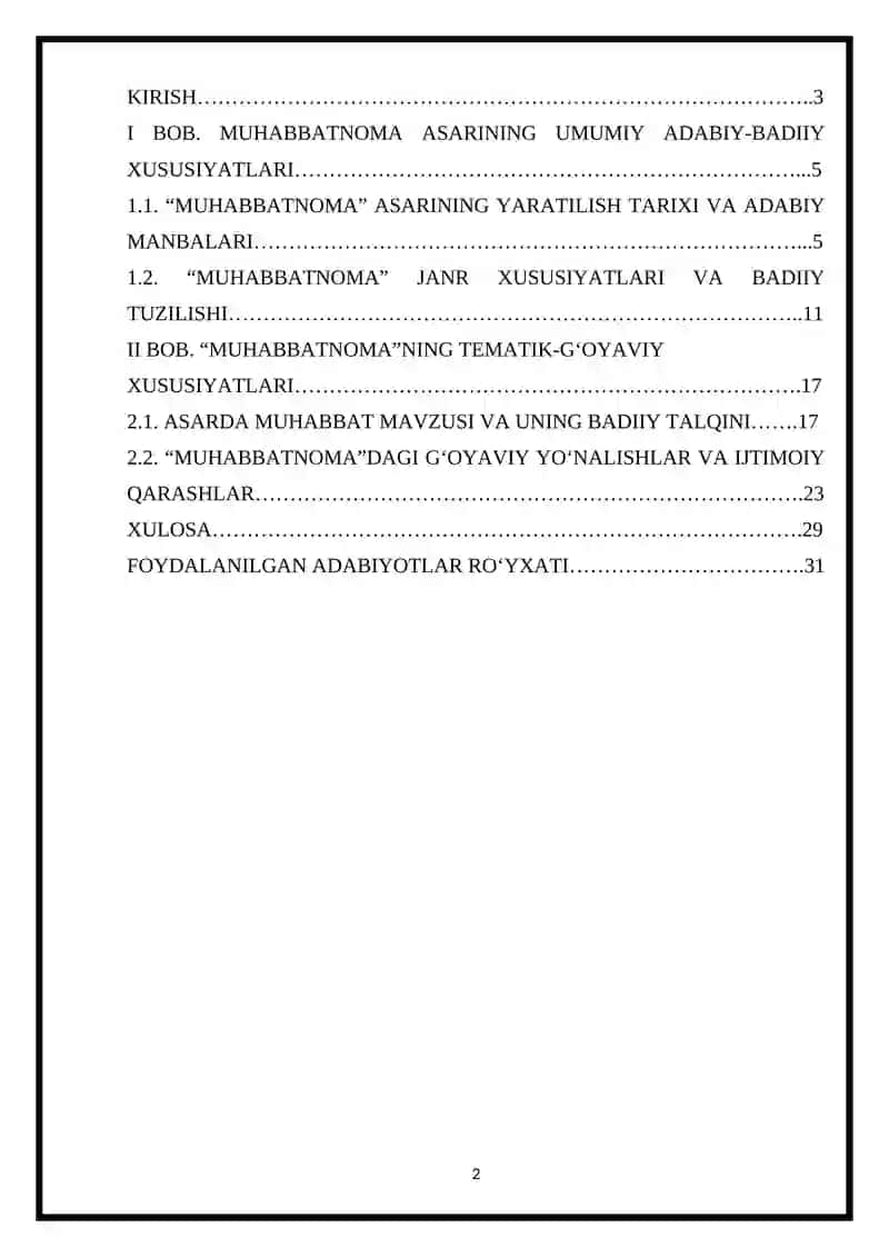 “Muhhabbatnoma” ning tematik - gʻoyaviy xususiyatlari. 2