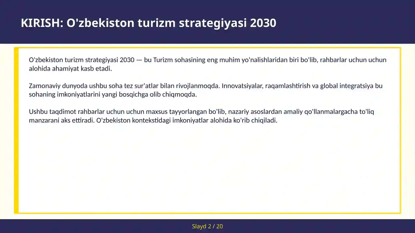 O'ZBEKISTON TURIZM STRATEGIYASI 2030 2