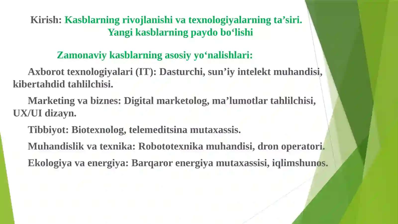 Zamonaviy kasblar va kelajakdagi imkoniyatlar 2