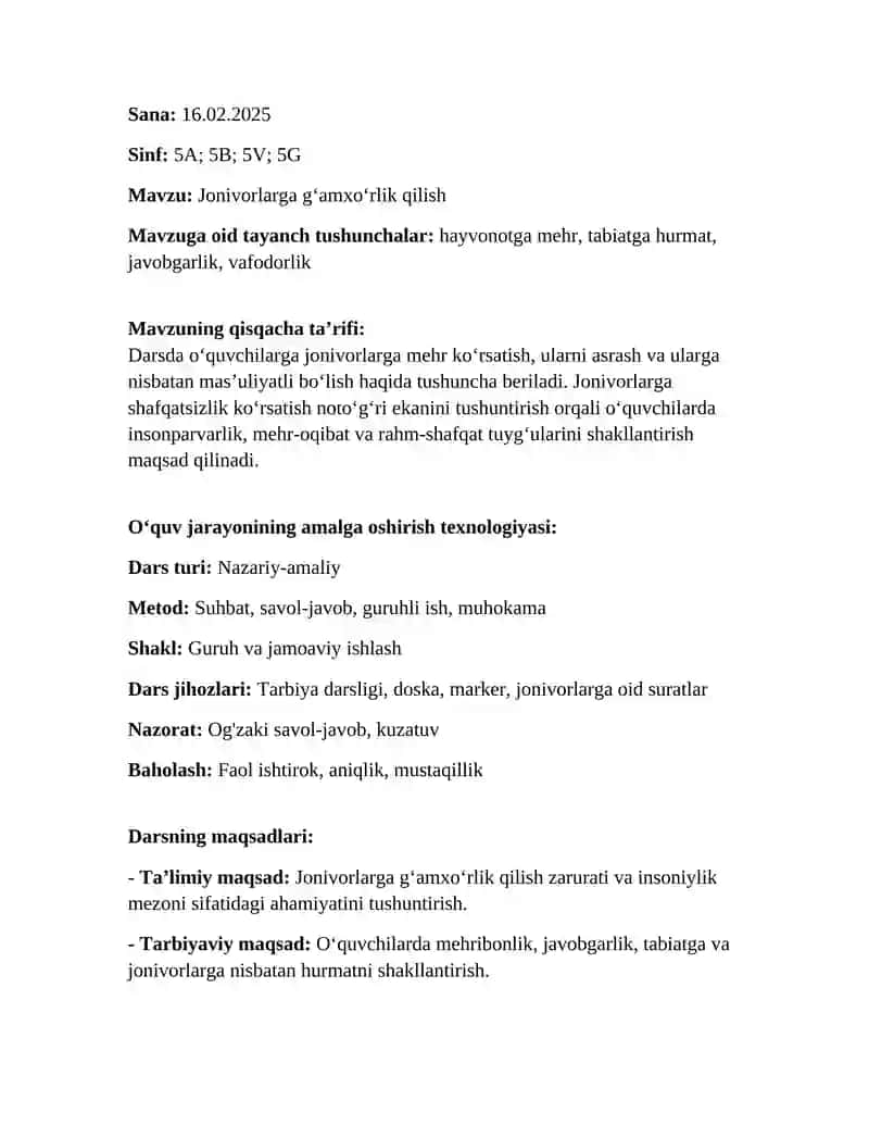 5-sinf 3b-dars ishlanma - Jonivorlarga g‘amxo‘rlik qilish 2