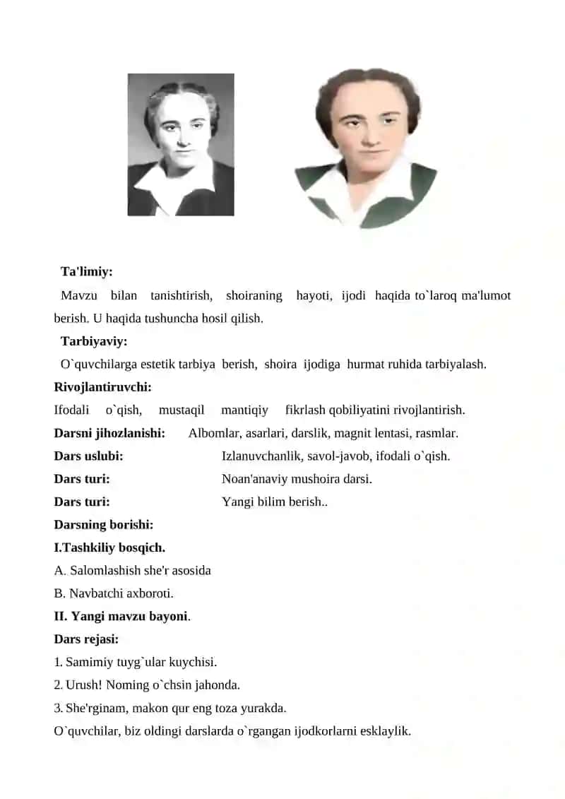 “Zulfiya lirikasi” bir soatlik dars ishlanma. Dars ishlanma 2