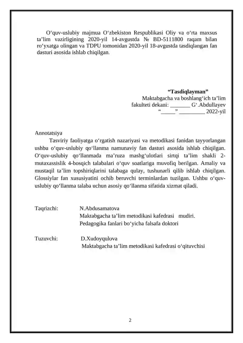 Tasviriy Faoliyatga O‘rgatish 2