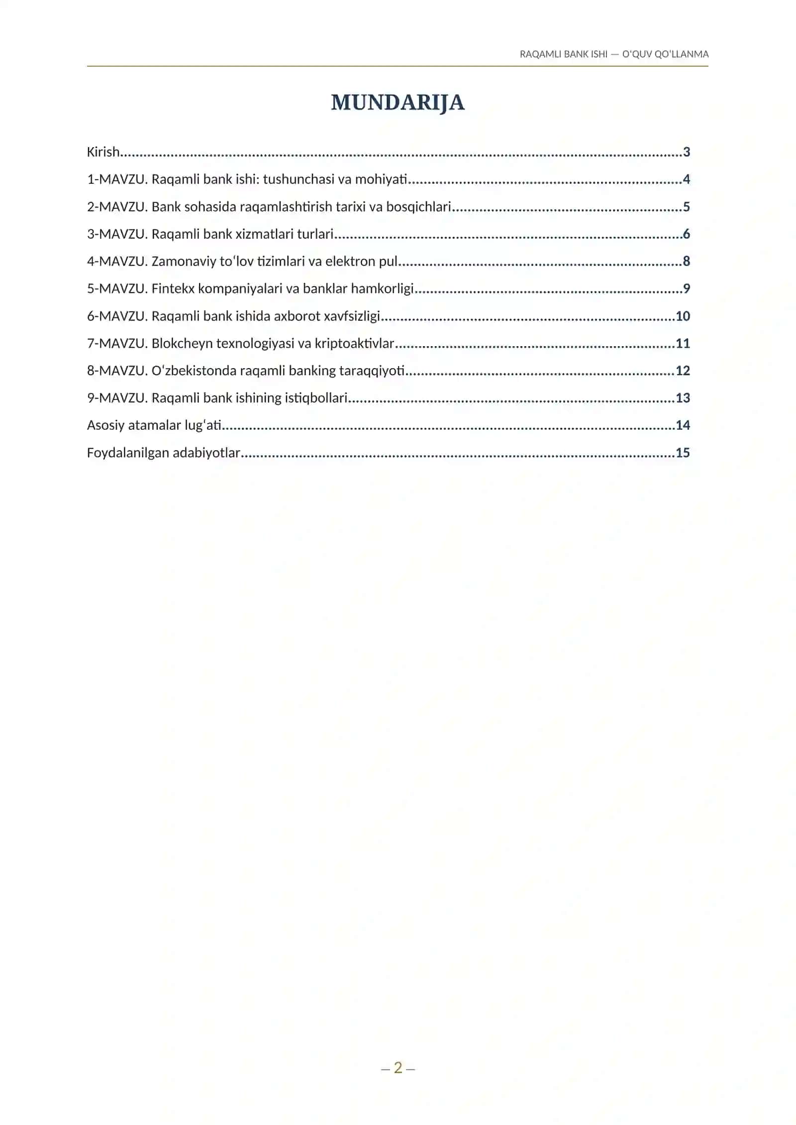 RAQAMLI BANK ISHI — O‘QUV QO‘LLANMA 2