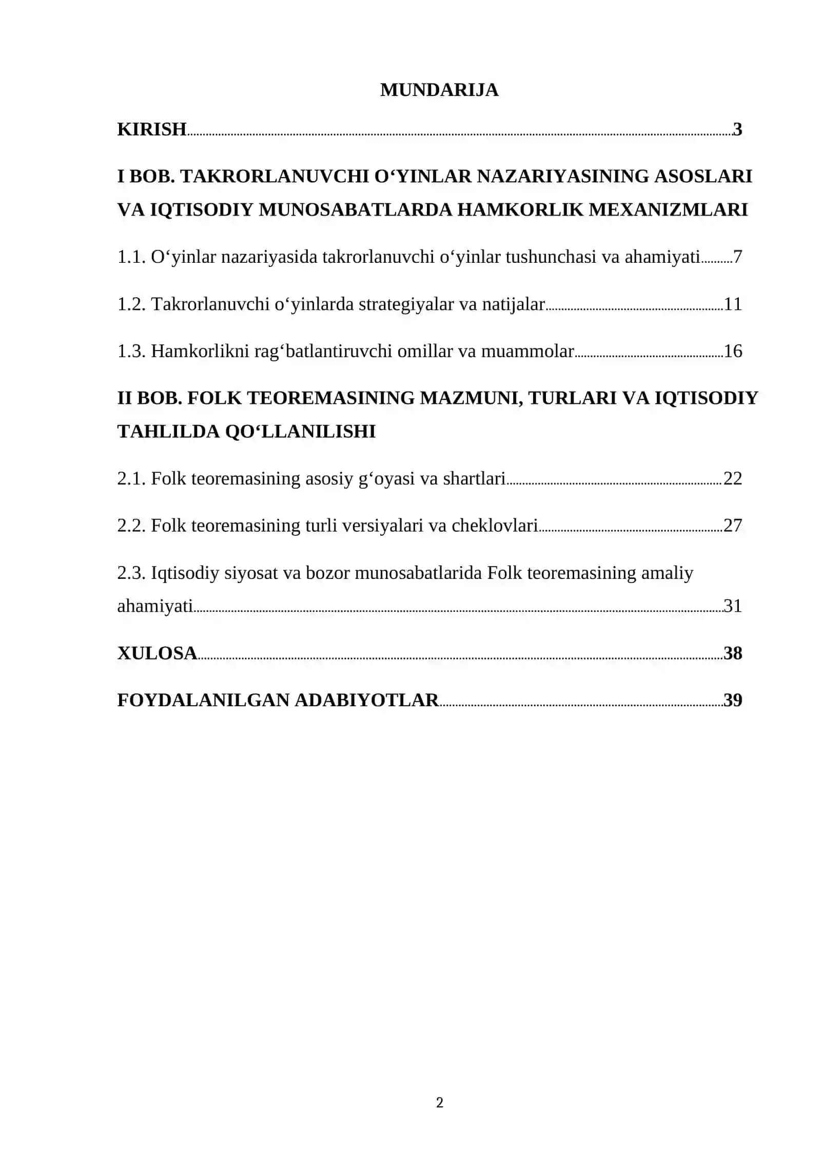 TAKRORLANUVCHI O‘YINLARDA HAMKORLIK VA FOLK TEOREMASI KURSI 2