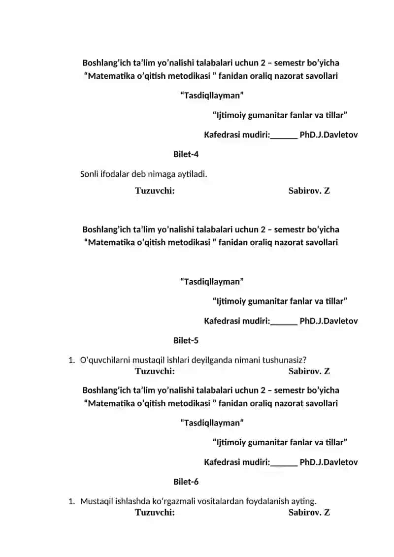 Matematika o’qitish metodikasi 2