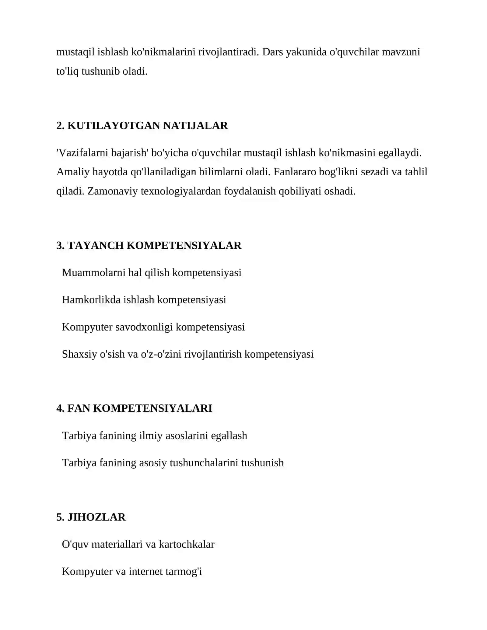 Vazifalarni bajarish Dars Ishlanmasi 2