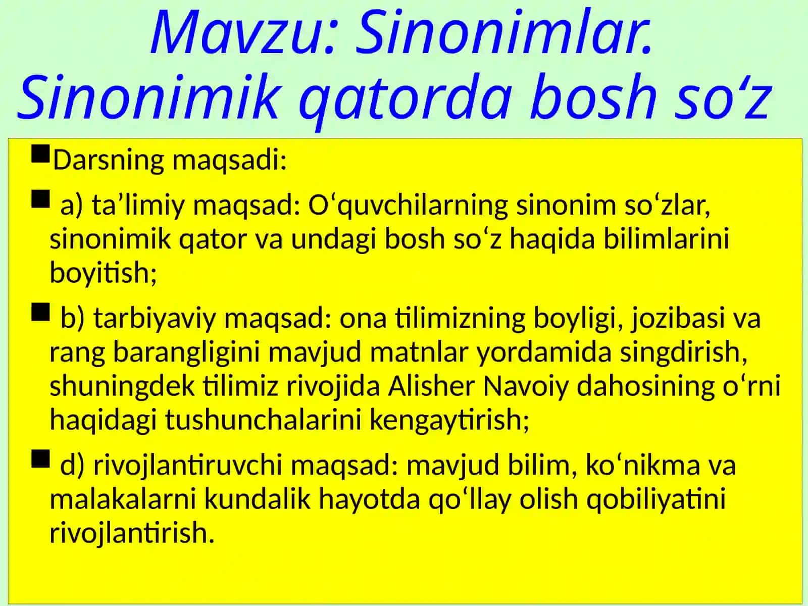 Sinonimlar.Sinonimik qatorda bosh soʻz 2
