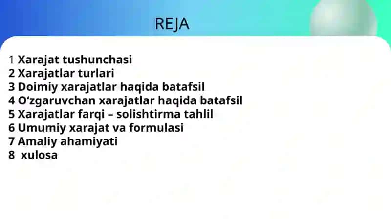 Xarajat tushunchasi 2